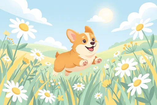 Happy Corgi Puppy Jumping in Daisy Meadow