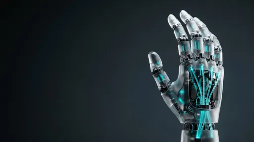 Translucent Robotic Hand With Glowing Cyan Tendons