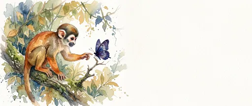 Watercolor Squirrel Monkey Reaching for Butterfly