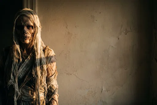 Terrifying Wrapped Figure Against Cracked Wall