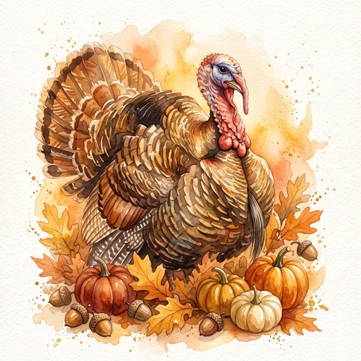 Watercolor Thanksgiving Turkey With Autumn Pumpkins