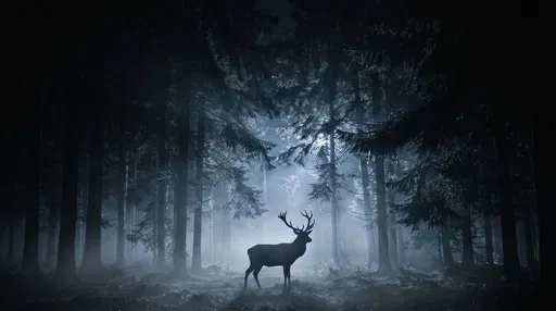 Stag Silhouette in Misty Night Forest