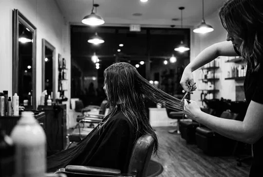 Hairstylist Cutting Long Wet Hair in Salon