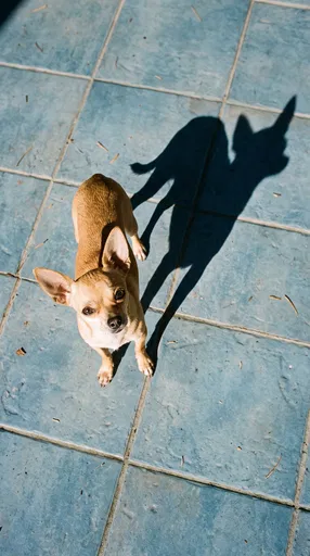 Tan Chihuahua Casting Long Shadow on Tiles