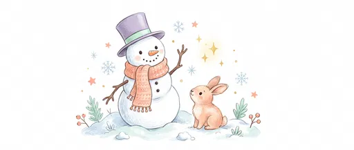 Whimsical Snowman and Bunny Winter Illustration