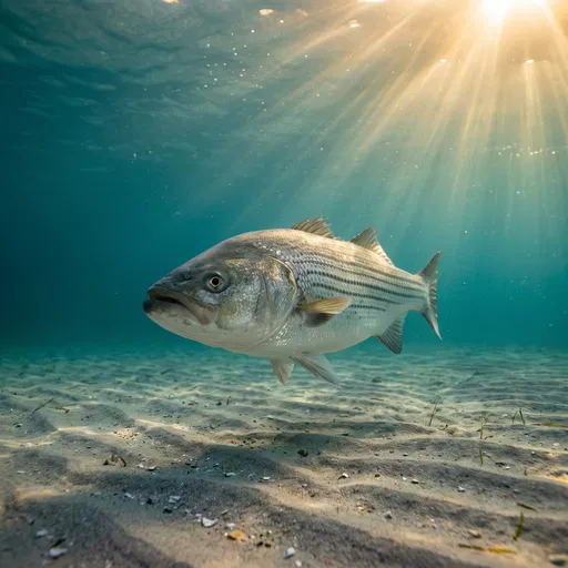 Striped Bass Underwater in Golden Sunbeams