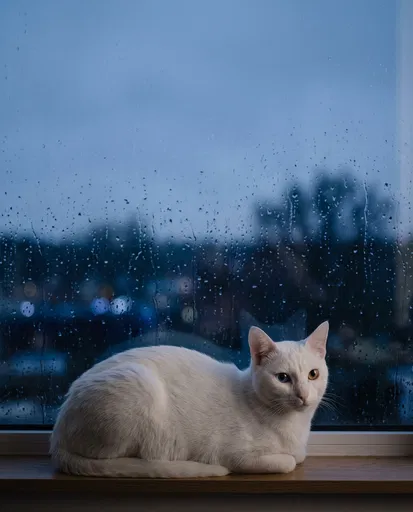 White Odd-Eyed Cat by Rainy Window