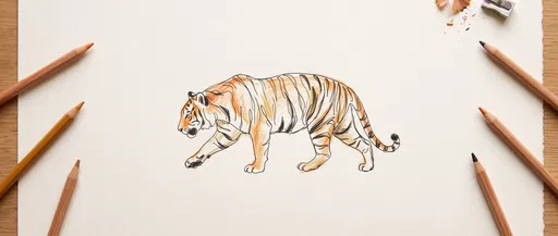 Tiger Sketch With Colored Pencils Flat Lay