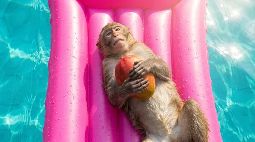 Monkey Relaxing on Pink Pool Float