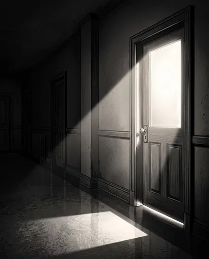 Illuminated Noir Office Door in Dark Hallway