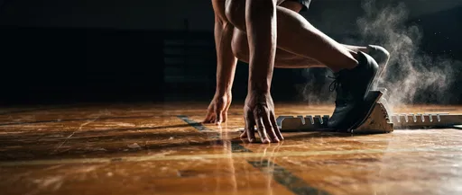 Sprinter in Starting Blocks on Hardwood