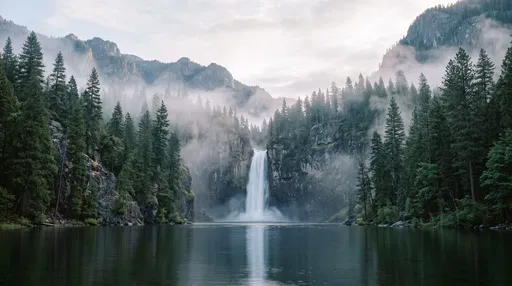 Misty Mountain Waterfall and Calm Lake
