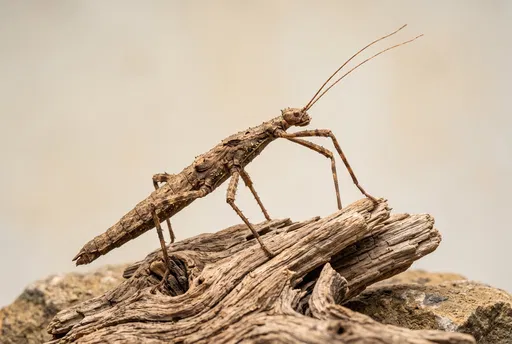 Brown Stick Insect on Weathered Driftwood