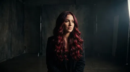 Woman With Burgundy Wavy Hair in Studio