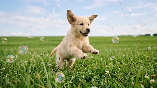 Golden Retriever Puppy Leaping With Bubbles