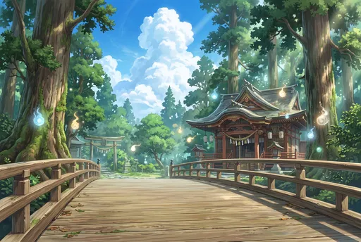 Anime Forest Shrine and Wooden Bridge