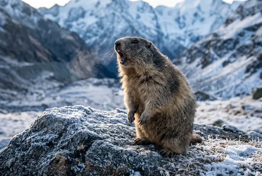 Screaming Alpine Marmot on Frosty Boulder