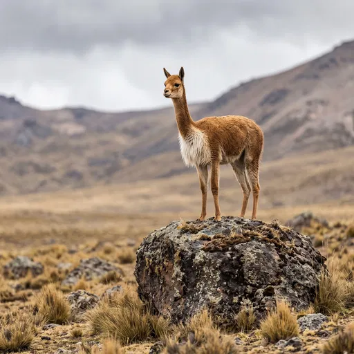 Vicuña Standing on Boulder in Andean Grasslands