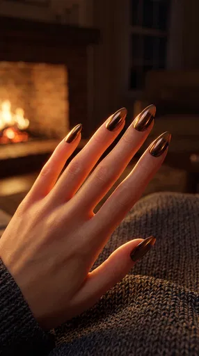 Hand With Bronze Chrome Almond Nails