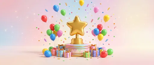 Golden Star Trophy With Balloons and Gifts