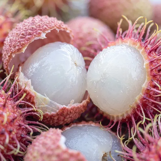 Macro Close-Up of Peeled Lychee and Rambutan
