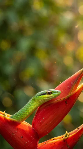 Green Snake on Red Tropical Flower