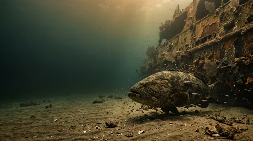 Goliath Grouper Near Underwater Shipwreck