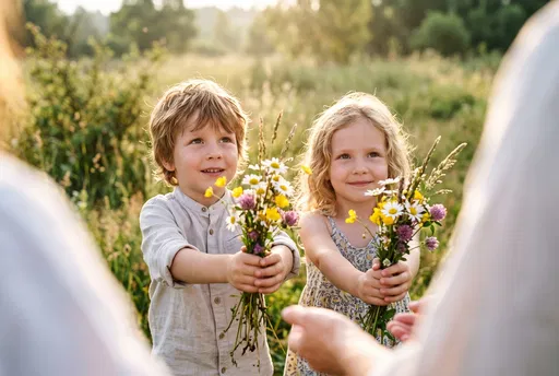 Children Giving Wildflowers in Sunlit Meadow