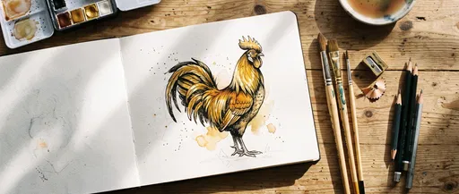 Watercolor Rooster Drawing in Open Sketchbook