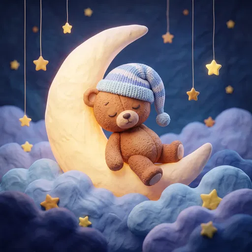 Clay Teddy Bear Sleeping on Crescent Moon