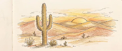 Hand-Drawn Desert Cactus Sunset Sketch