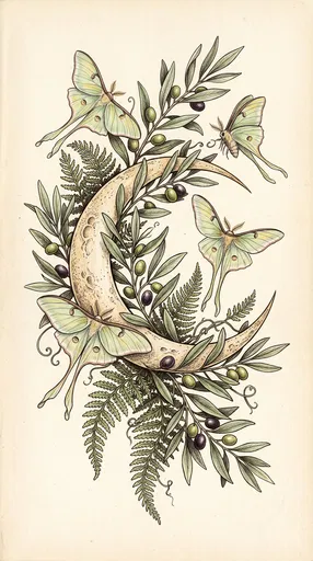 Botanical Crescent Moon and Luna Moths Illustration
