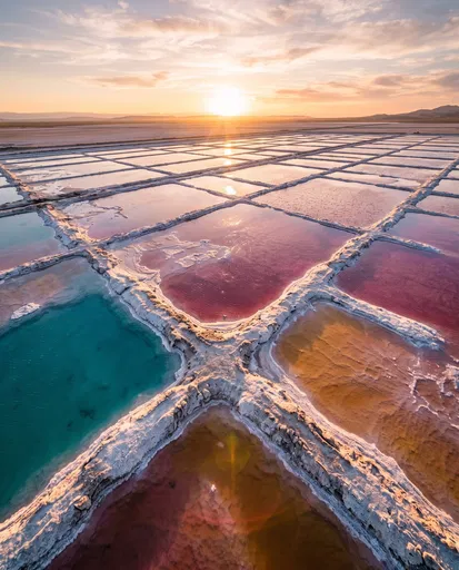 Colorful Salt Evaporation Ponds at Sunset