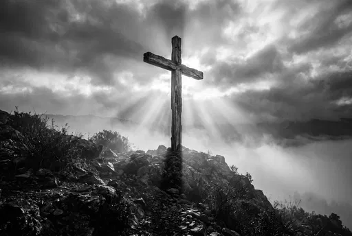 Wooden Cross on Misty Rocky Hilltop