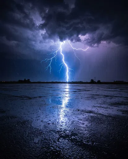 Blue Lightning Strike Over Wet Asphalt