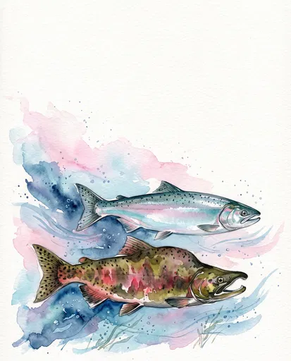 Watercolor Illustration of Two Pink Salmon