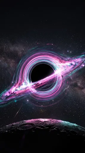 Glowing Black Hole Over Cratered Planet Horizon