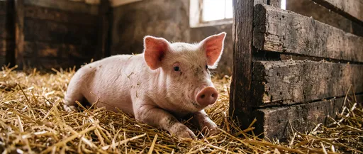 Pink Piglet Resting on Barn Straw