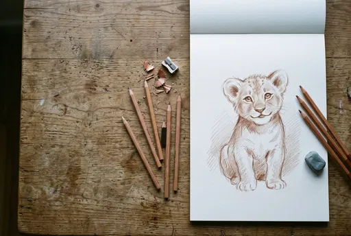 Lion Cub Sketch on Wooden Desk