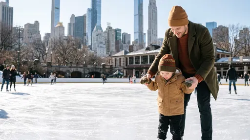 Father and Son Ice Skating in Park