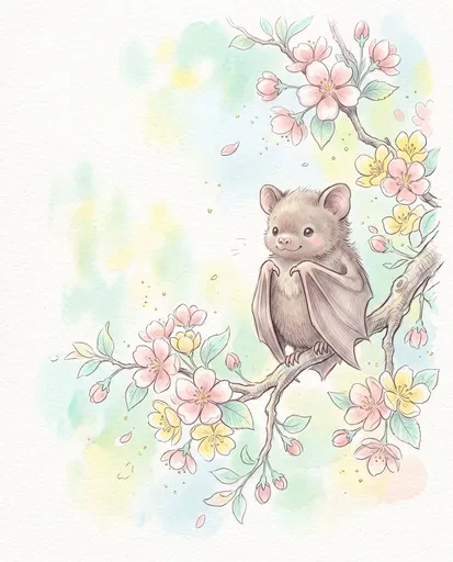 Cute Bat on Blossom Branch Illustration