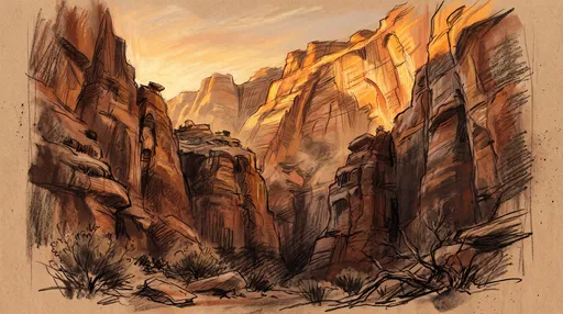 Charcoal and Pastel Desert Canyon Drawing