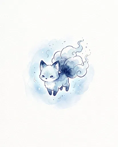 Blue Watercolor Baby Spirit Fox Illustration