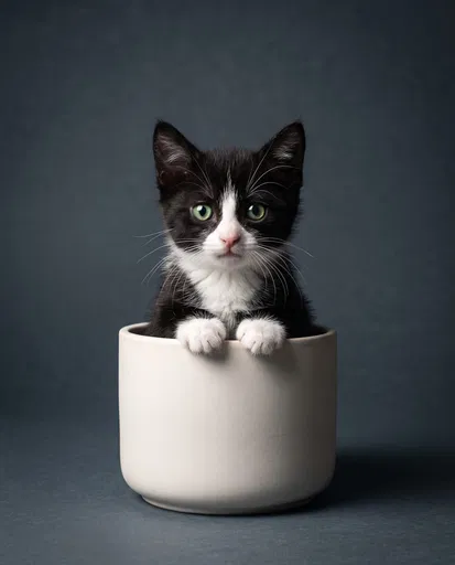 Tuxedo Kitten Sitting in Ceramic Planter