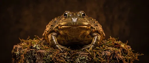 Symmetrical Studio Portrait of Bullfrog on Moss