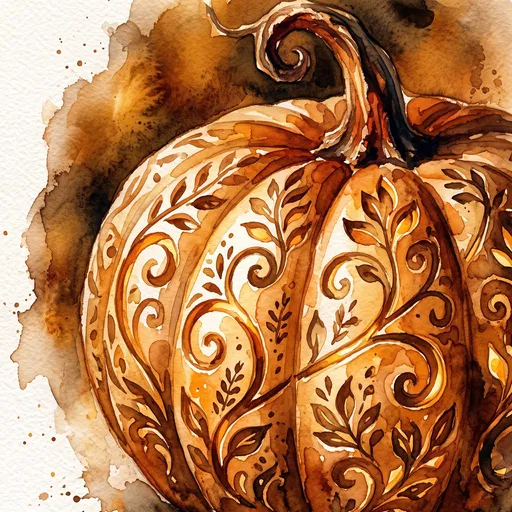 Watercolor Illustration of Intricately Carved Pumpkin