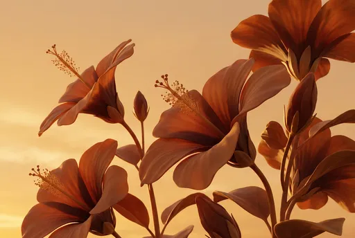 Stylized Terracotta Hibiscus Flowers at Sunset