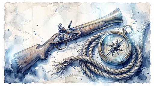Watercolor Antique Blunderbuss Compass and Rope