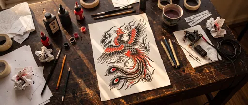 Phoenix Tattoo Flash on Artist Workbench