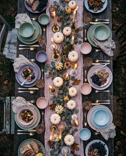 Overhead Autumn Harvest Dinner Table Setting